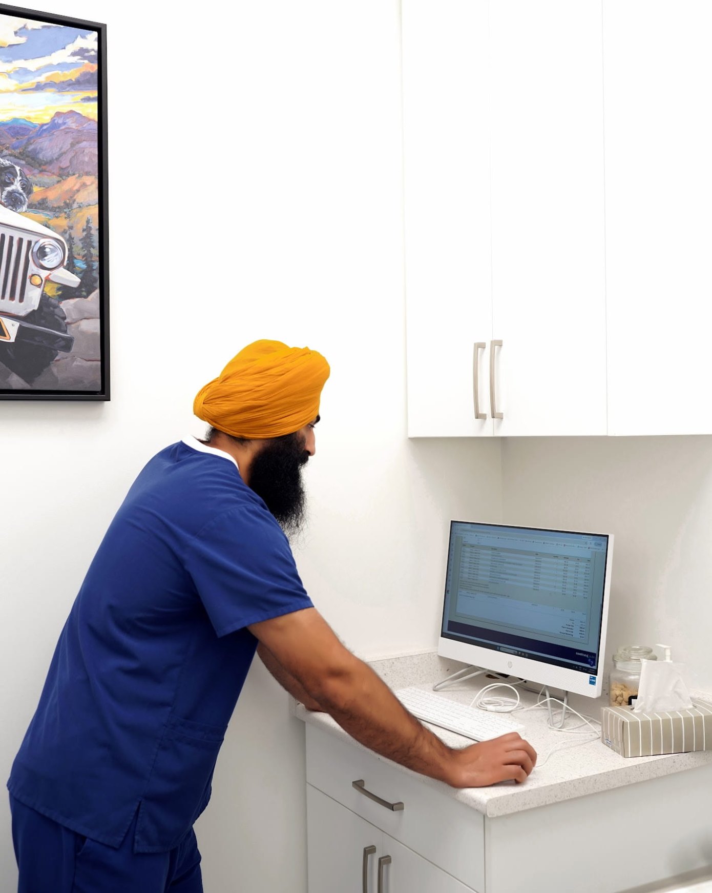 Veterinary team member reviewing patient records in an exam room at Brentwood Animal Hospital